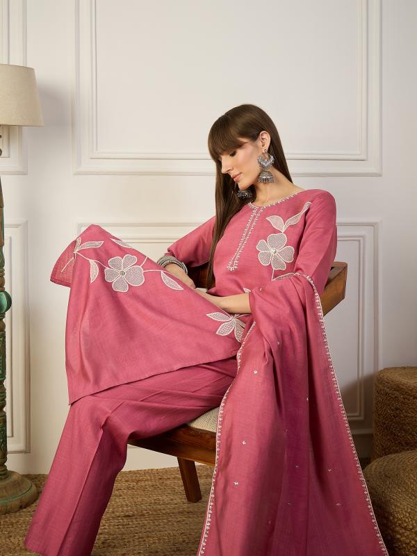 VP 9771 P Pink Embroidery Silk Straight Kurta With Trousers & Dupatta Sets